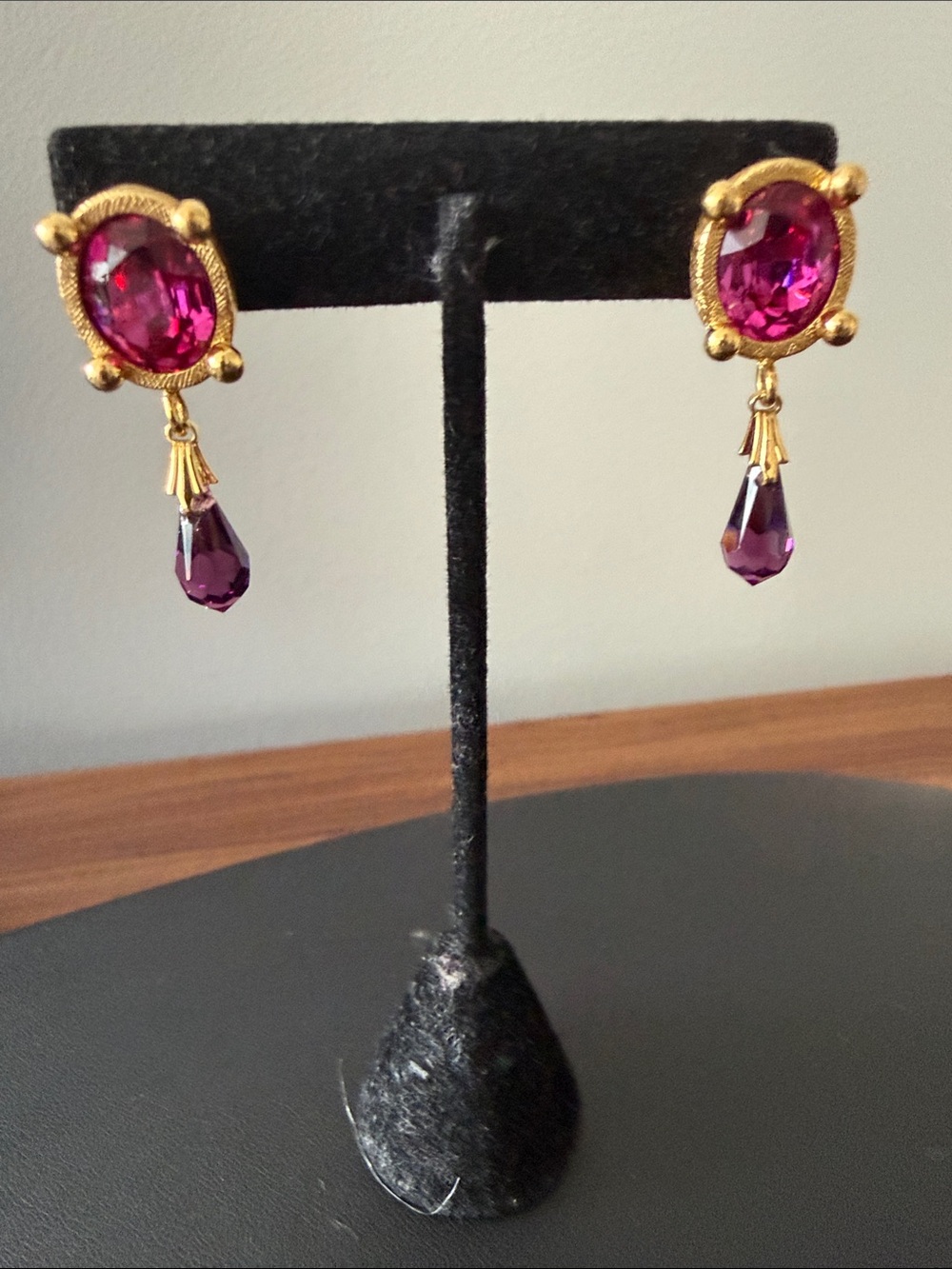 Monet Gold Tone Dangle Post Earrings with a Purple Cabochon Center & Drop
